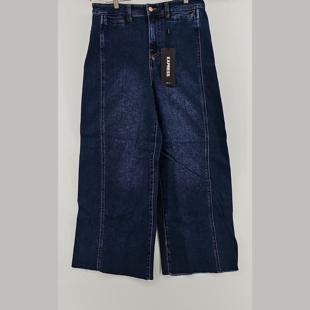 Express Women Wide Leg Jeans Denim Dark Wash Size 10 High Rise Raw Hem